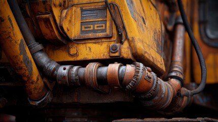 Close-up view of yellow construction machinery pipes and joints