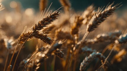 Obraz premium Close-up of ripe wheat ears bathed in warm sunset light, a golden field with soft bokeh. Concept Ripe wheat ears close-up, Warm sunset light, Golden wheat field, Soft bokeh, Rural landscape