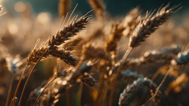Close-up of ripe wheat ears bathed in warm sunset light, a golden field with soft bokeh. Concept Ripe wheat ears close-up, Warm sunset light, Golden wheat field, Soft bokeh, Rural landscape