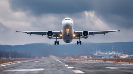 An airplane lifts from the runway under cloudy skies engines roaring as it embarks on a journey. The airport scenery adds to the dramatic atmosphere of departure.