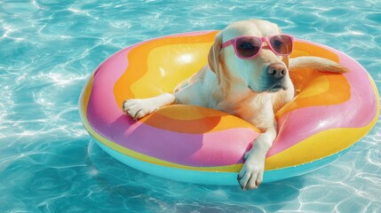A yellow Labrador retriever wearing pink sunglasses lounges on a vibrant float in a sparkling blue swimming pool under bright sunlight enjoying a warm day of leisure.