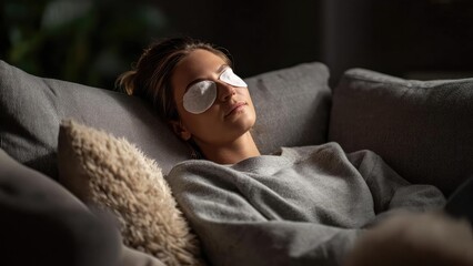 Obraz premium Relaxing woman on a gray sofa with white eye masks over her eyes, wearing a cozy gray sweater. Concept Relaxed woman on gray sofa, White eye masks, Cozy gray sweater, Home lounge photography