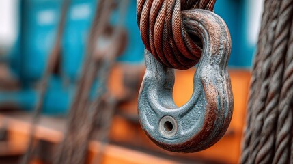 Close-up of a rusty crane hook with steel rope