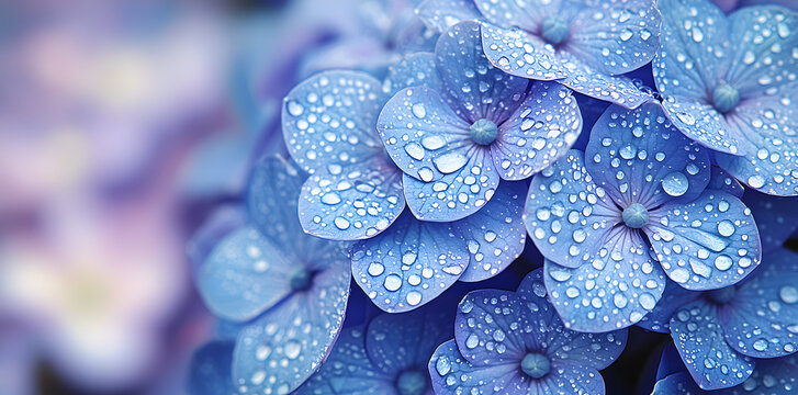 Vivid blue and violet Hydrangea flowers adorned with morning droplets, selective focus on right-center blooms, creating smooth blurred floral background