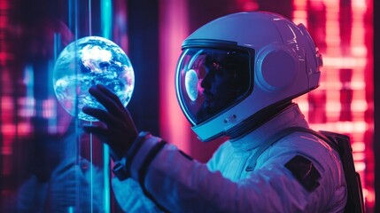 An astronaut interacts with a glowing sphere. The vivid colors create a captivating atmosphere. Explore the blend of technology and space. Generative AI