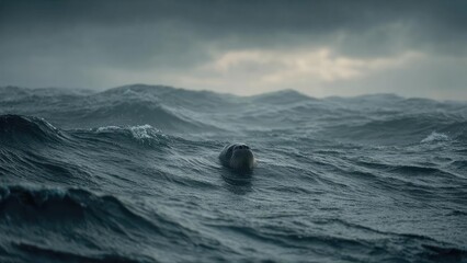 A seal peeking above the rough ocean waves on a stormy day. Concept Seal, Stormy Seas, Ocean Wildlife, Dramatic Weather, Coastal Photography