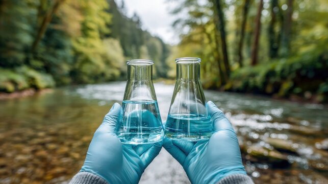 Water quality testing in a pristine river environment with flasks of water