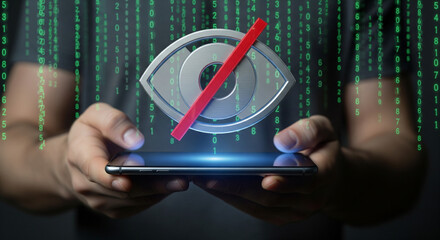 Digital privacy, cybersecurity for mobile. user holds phone with hidden eye icon, symbolizing data protection, anonymity, secure online interaction.