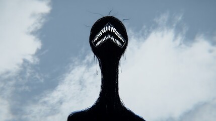 A terrifying, dark silhouette of a monstrous creature with a long neck and a gaping mouth full of sharp teeth, standing ominously against a cloudy, pale blue sky, evoking a sense of horror and dread