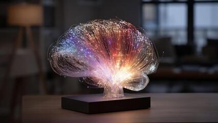 Colorful fiber-optic light sculpture with glowing strands fanning out from a base. Concept Fiber-optic light sculpture, Glowing strands radiating from a base, Colorful light-art installation