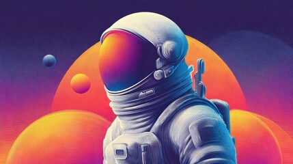 Astronaut in space with colorful gradient background, retro art style
