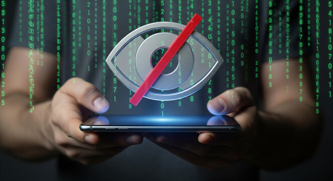 Digital privacy, cybersecurity for mobile. user holds phone with hidden eye icon, symbolizing data protection, anonymity, secure online interaction.