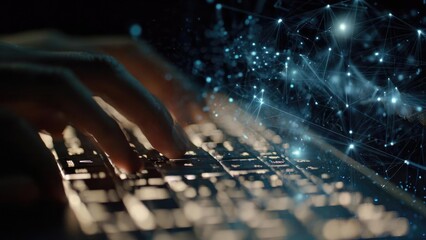 Hands typing on a keyboard with a glowing blue network of interconnected nodes and lines. Concept Hands typing on a keyboard with a glowing blue neural network backdrop