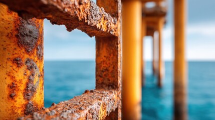 Close-up of rusty metal structure with ocean and sky in the background