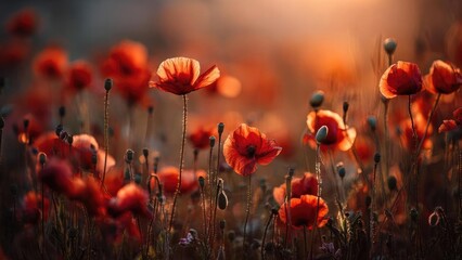 Obraz premium Red poppies glow in a sunlit field at golden hour, with tall slender stems and a soft, blurred background. Concept Golden hour field, Red poppies, Tall slender stems, Soft bokeh background