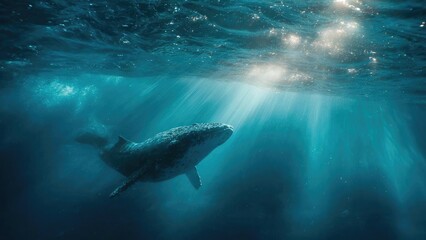 Fototapeta premium Whale shark swimming underwater in a sunlit blue ocean. Concept Underwater Whale Shark, Sunlit Blue Ocean, Marine Life Photography, Graceful Ocean Giant, Serene Deep Sea Scene