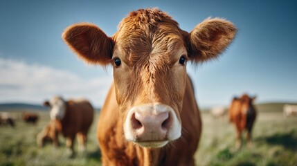 Close-up of a brown cow looking directly at the camera on a sunny day