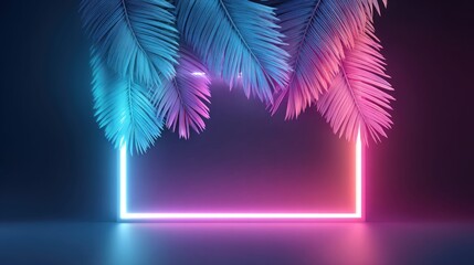 Neon palm leaves and glowing square frame on a dark background