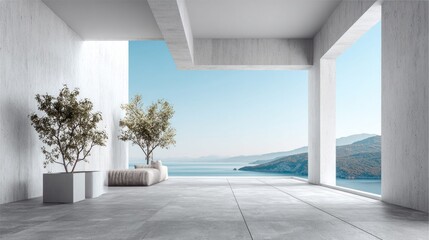 Modern architectural design with a view of the sea and mountains