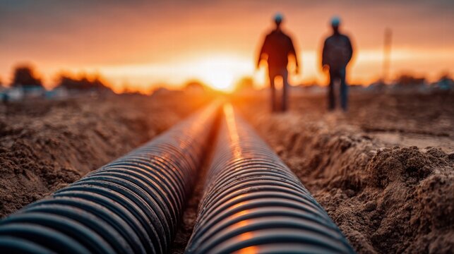 Construction workers installing pipes at sunset
