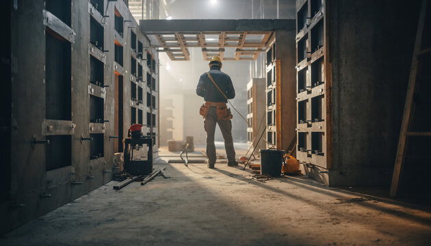 Construction worker inspecting concrete forms on site, ensuring quality and precision, wearing hard hat and tools, showcasing expertise, strength, and industrial progress
