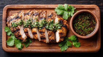 Grilled chicken breast with chimichurri sauce served on a wooden platter