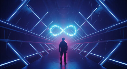 Silhouette man standing in futuristic neon light tunnel with glowing infinity symbol, symbolizing endless possibilities and technological advancement