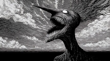 A striking black and white abstract depiction of a screaming creature with sharp features and a textured, distressed appearance, evoking a sense of horror and despair