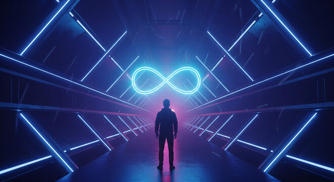 Silhouette man standing in futuristic neon light tunnel with glowing infinity symbol, symbolizing endless possibilities and technological advancement