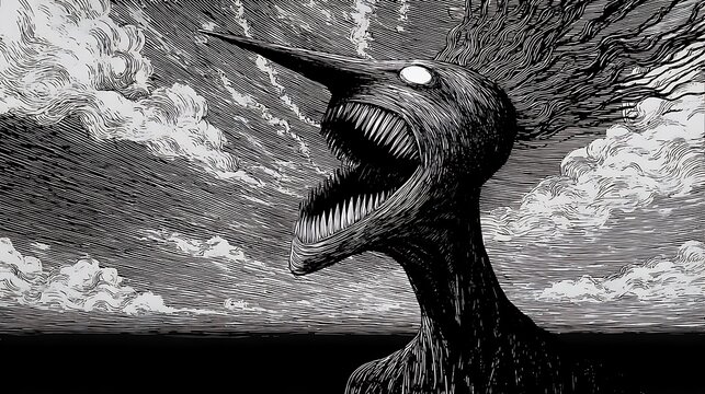 A striking black and white abstract depiction of a screaming creature with sharp features and a textured, distressed appearance, evoking a sense of horror and despair