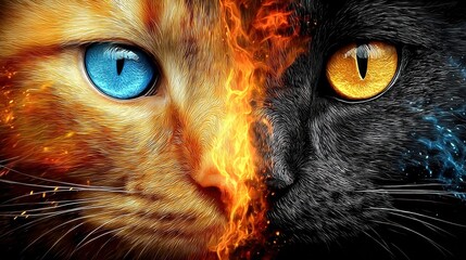 Dual Cat Portrait: Fire and Ice