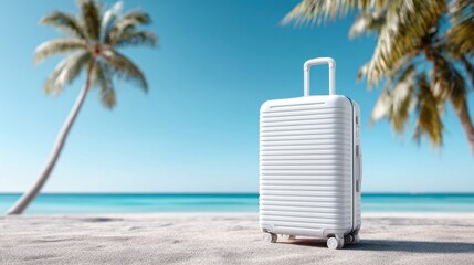 White Suitcase on Sandy Beach with Palm Trees and Blue Ocean
