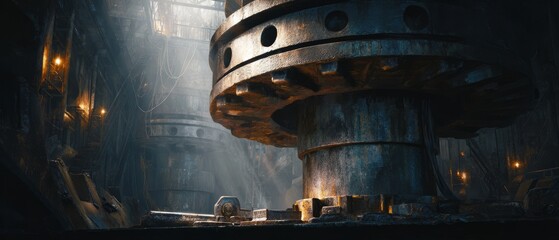 Large industrial gear in a dimly lit factory setting