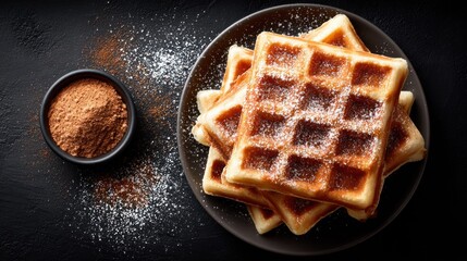 Delicious waffles with powdered sugar and cocoa powder on a dark background