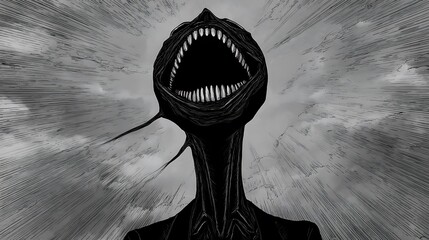 A terrifying black and white illustration of a monstrous creature with a gaping maw full of sharp teeth, a long neck, and tentaclelike features, evoking horror