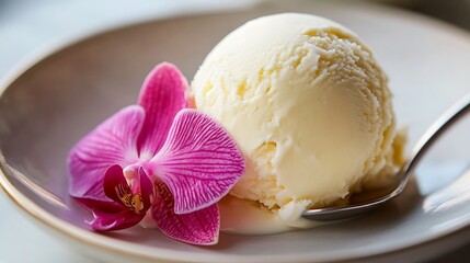 A minimalist presentation of vanilla bean ice cream with a single edible orchid