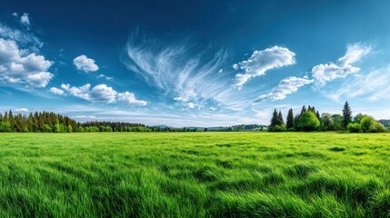 Vibrant green meadow under a bright blue sky with fluffy white clouds