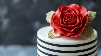 A minimalist white striped cake with bold red sugar rose on top