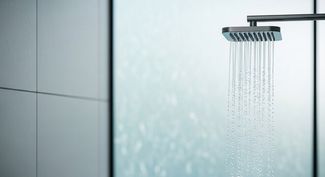 Modern shower head with water falling in a clean bathroom setting