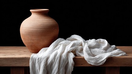 Rustic still life featuring a terracotta pot and draped white cloth on wood
