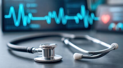 Medical stethoscope with a blurred EKG monitor in the background.