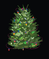 Christmas tree with colorful string lights glowing on a dark background