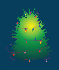 Festive green christmas tree decorated with colorful string lights