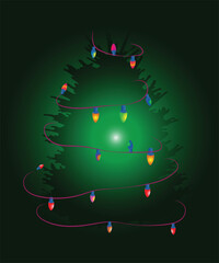 Stylized christmas tree silhouette adorned with colorful glowing string lights