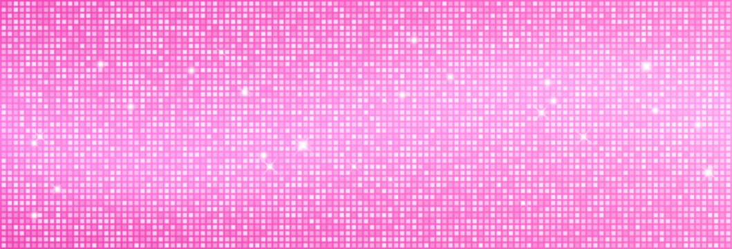 Glitter disco ball pattern background with pink mosaic texture and mirror sequin tiles. Seamless party backdrop with sparkle effects for club dance floor, neon lights and retro disco atmosphere.