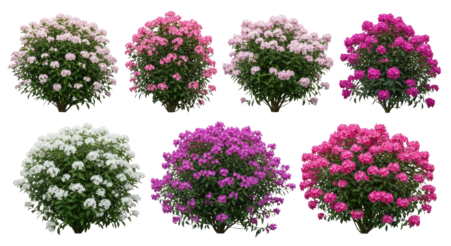 Collection of eight flowering bushes in various colors transparent background cutout png - Powered by Adobe