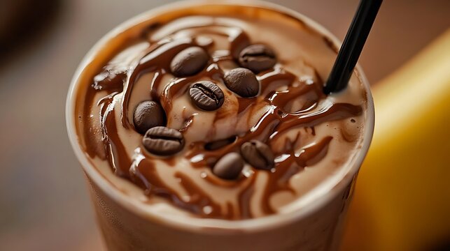 A mocha milkshake with coffee beans and swirl of chocolate sauce