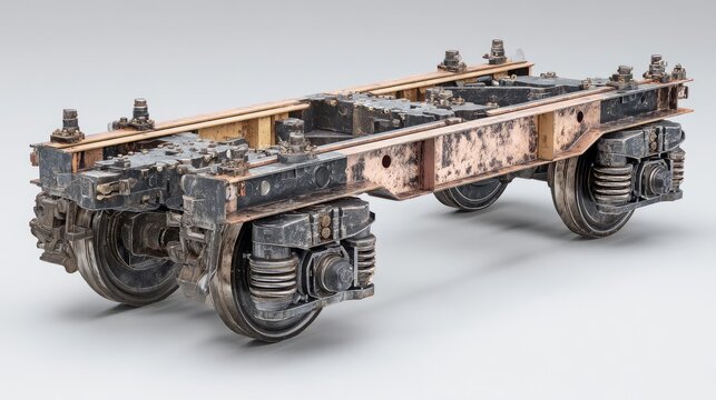 Detailed view of a rusty train bogie with wheels and components