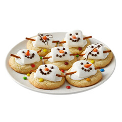 Whimsical Melted Snowman Sugar Cookies Topped with Marshmallows and Chocolate Decorations isolated on a transparent background 
