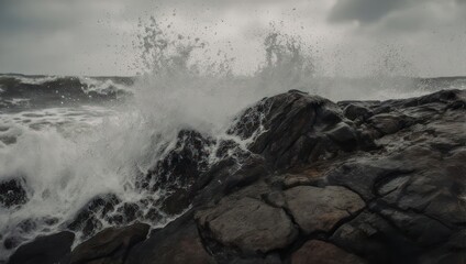 Powerful waves crashing against dark, rocky shore